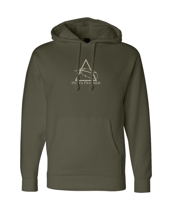 Delta Feather heavyweight green logo hoodie for hunting and camp