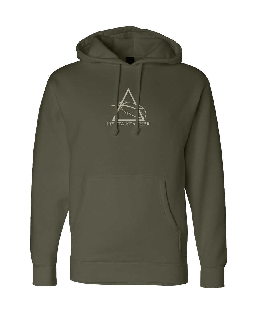 Delta Feather heavyweight green logo hoodie for hunting and camp