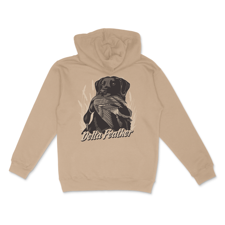 Delta Feather Man's Best Friend heavyweight hoodie with black lab and mallard design