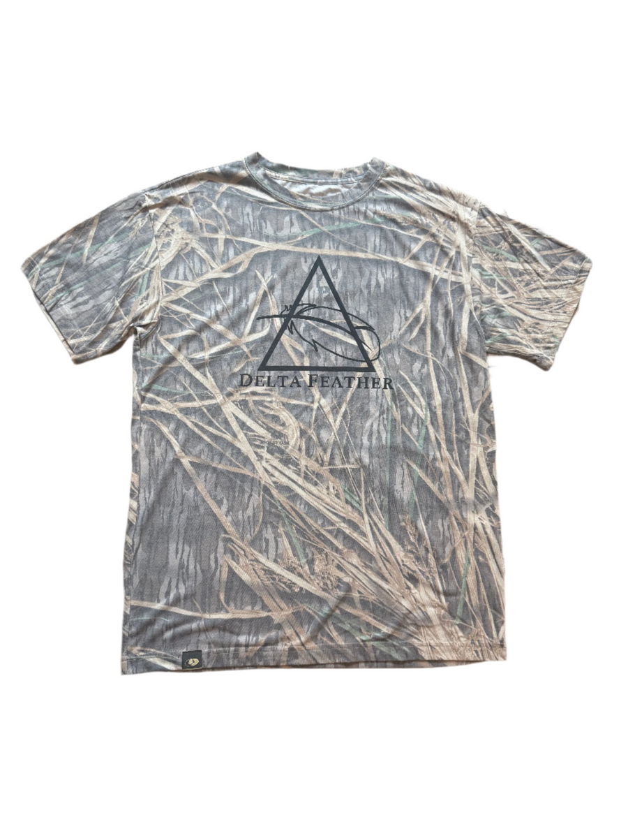 Delta Feather Mossy Oak Shadowgrass logo t-shirt for duck hunters