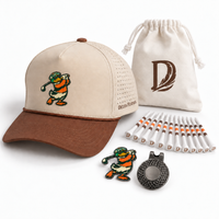 Delta Feather Duck Hook Bundle: bone and brown snapback golf hat with a mallard duck golfing PVC patch, 12 branded golf tees, enamel ball marker with magnetic hat clip and canvas pouch