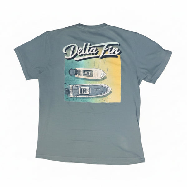 Gray t-shirt with 'Delta Fin' logo and boat graphic on a white background