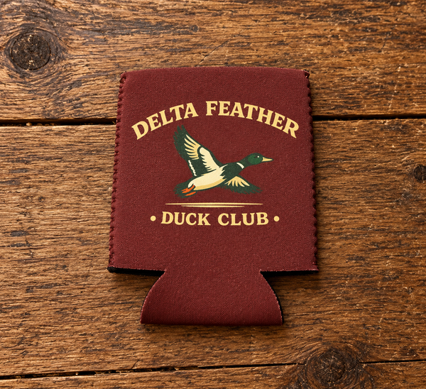 Delta Feather Duck Club koozie with mallard design