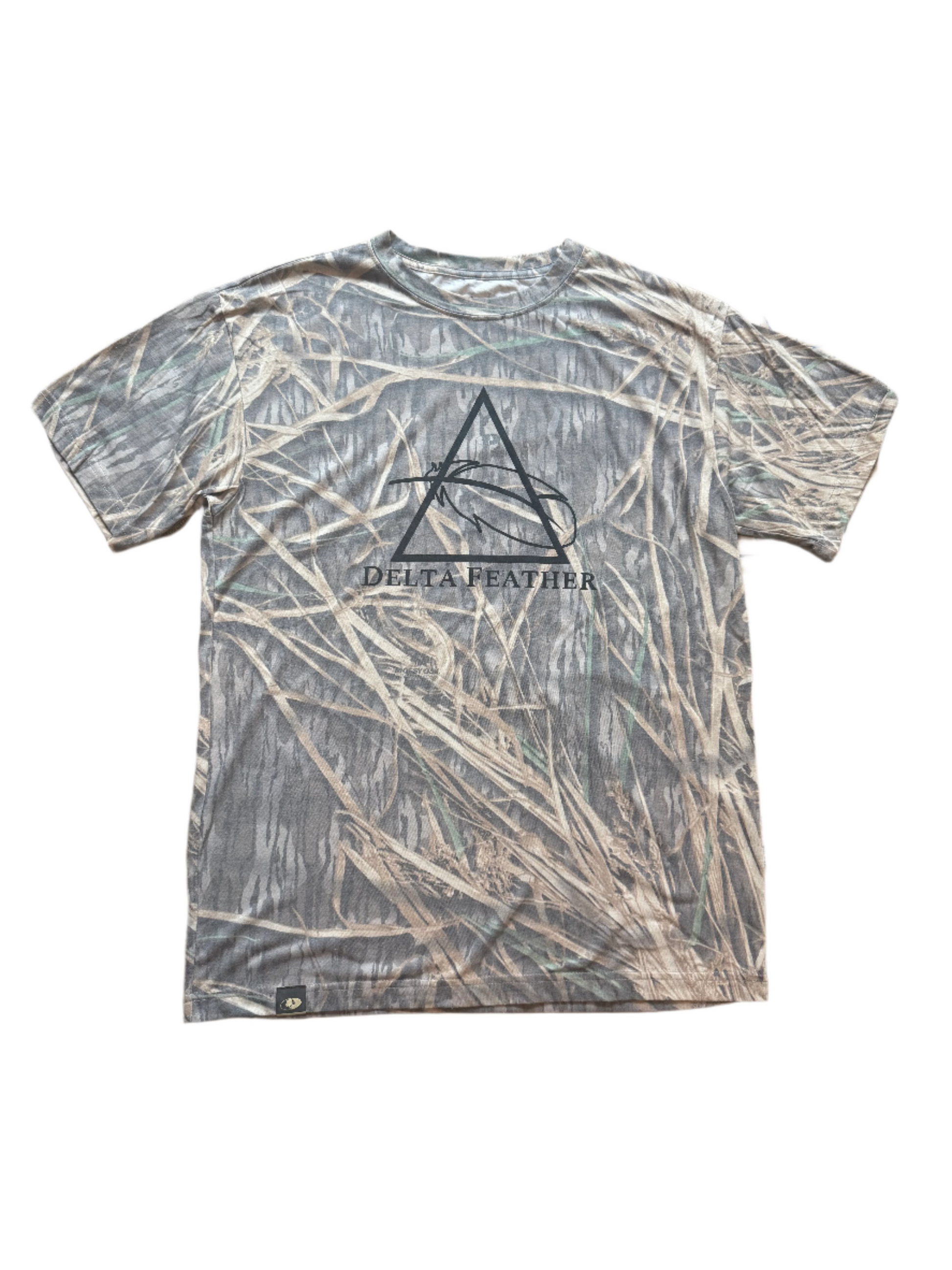 Mossy Oak Shadowgrass T shirt with the Delta Feather logo in black