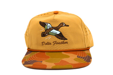 Brown cap with a camo bill and duck design and 'Delta Feather' text on a white background