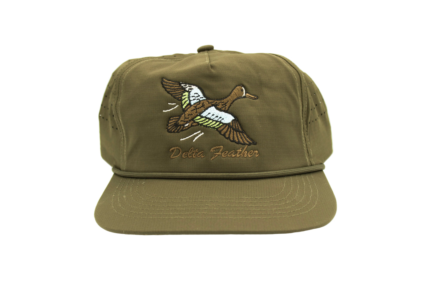 Olive Green hat with a blue wing teal and words delta feather underneath 