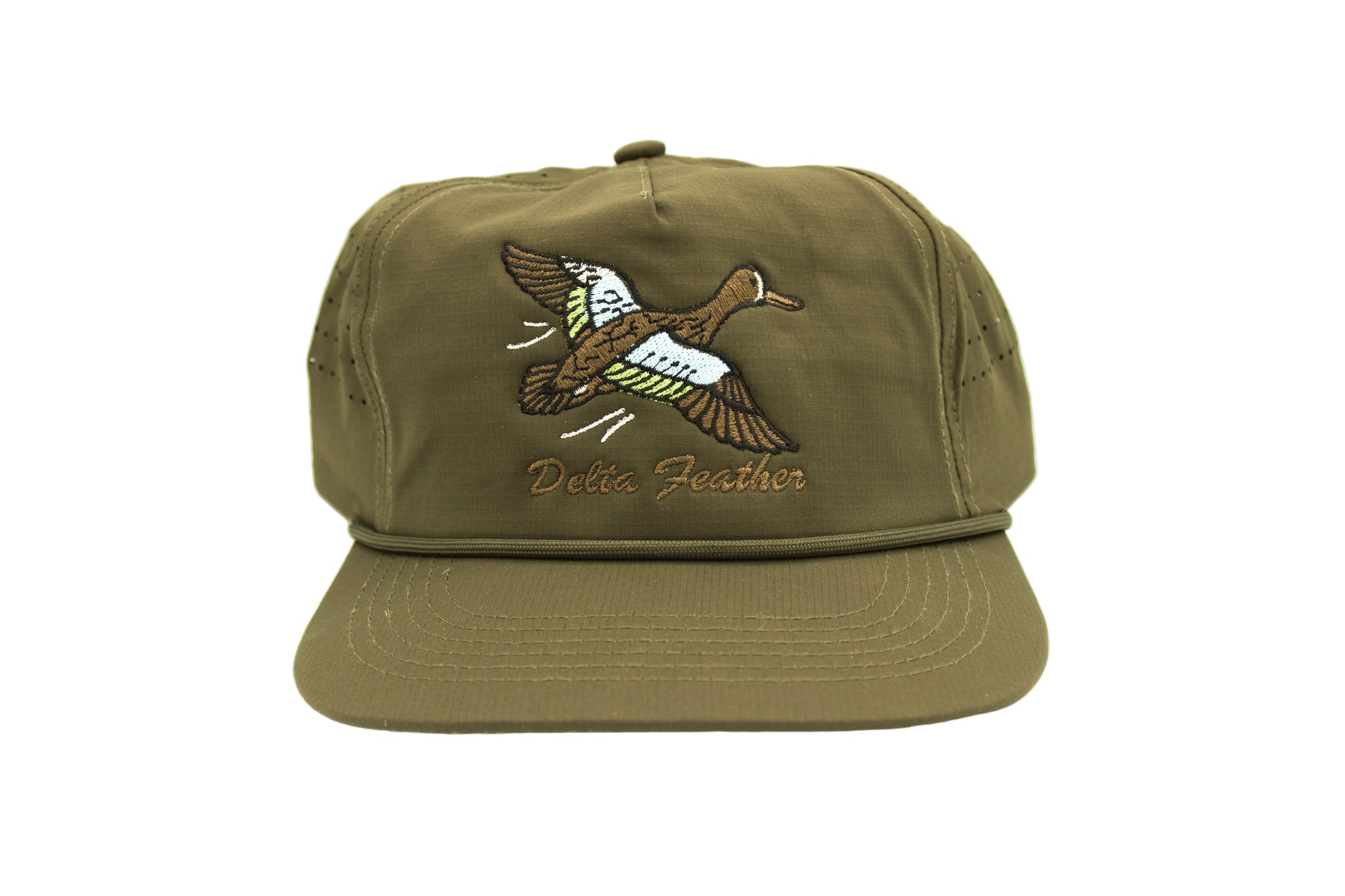 Olive Green hat with a blue wing teal and words delta feather underneath 