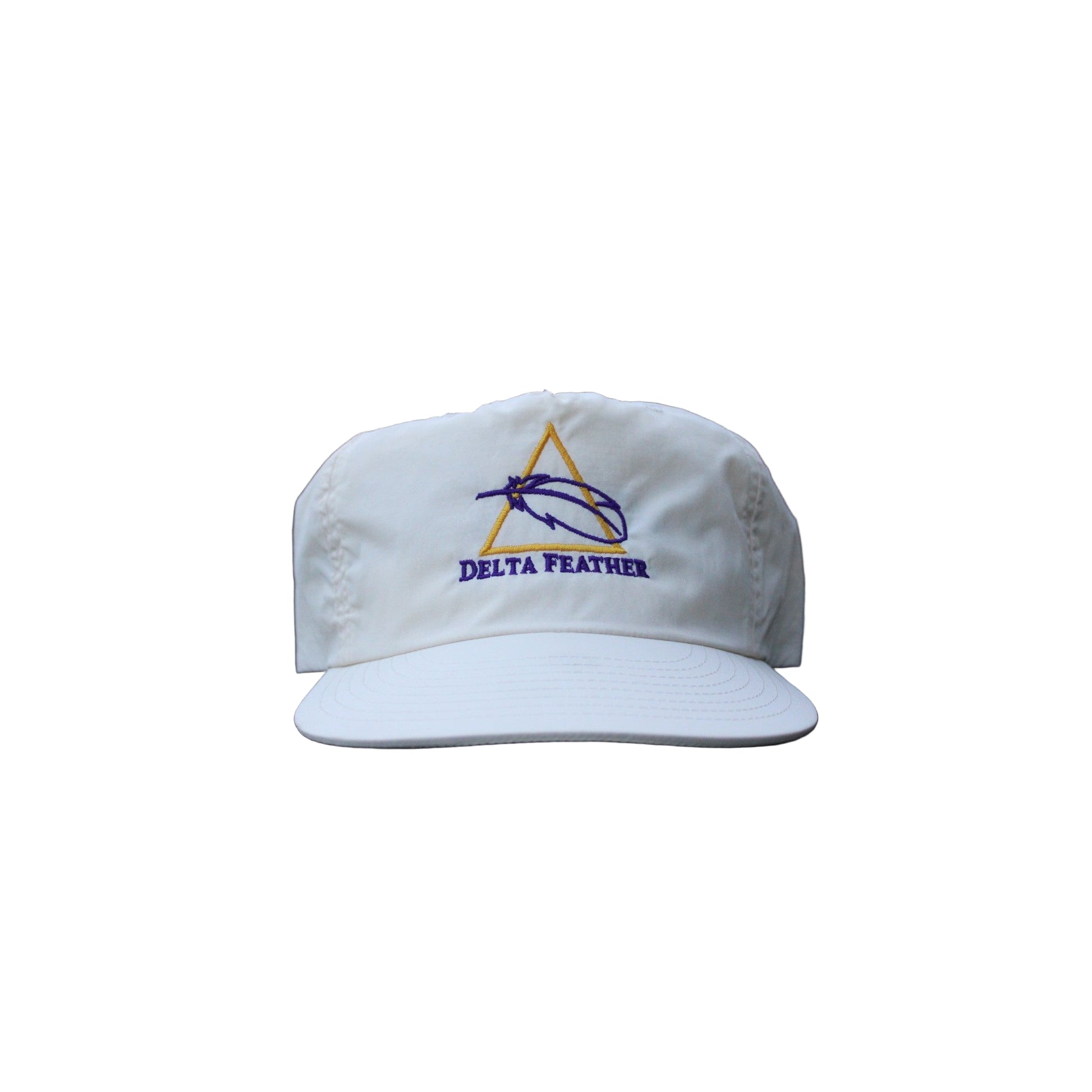 White cap with Delta Feather Logo in LSU purple and gold 