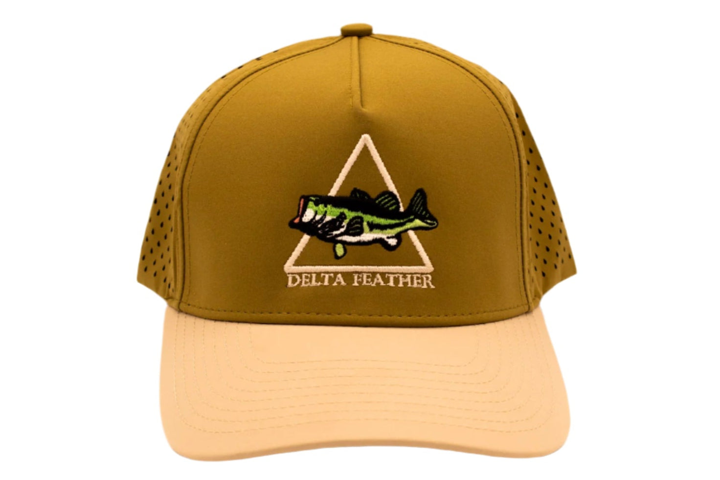 Olive and beige cap with fish logo and 'Delta Feather' text on a white background