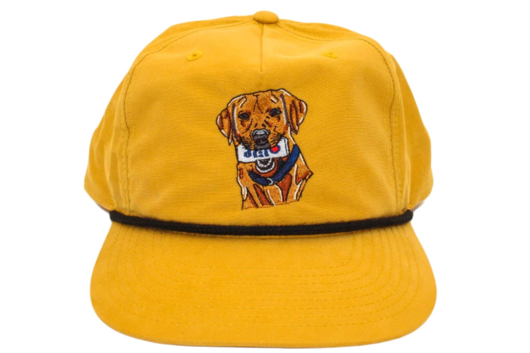 A red lab with a beer in its mouth on a yellow rope hat 