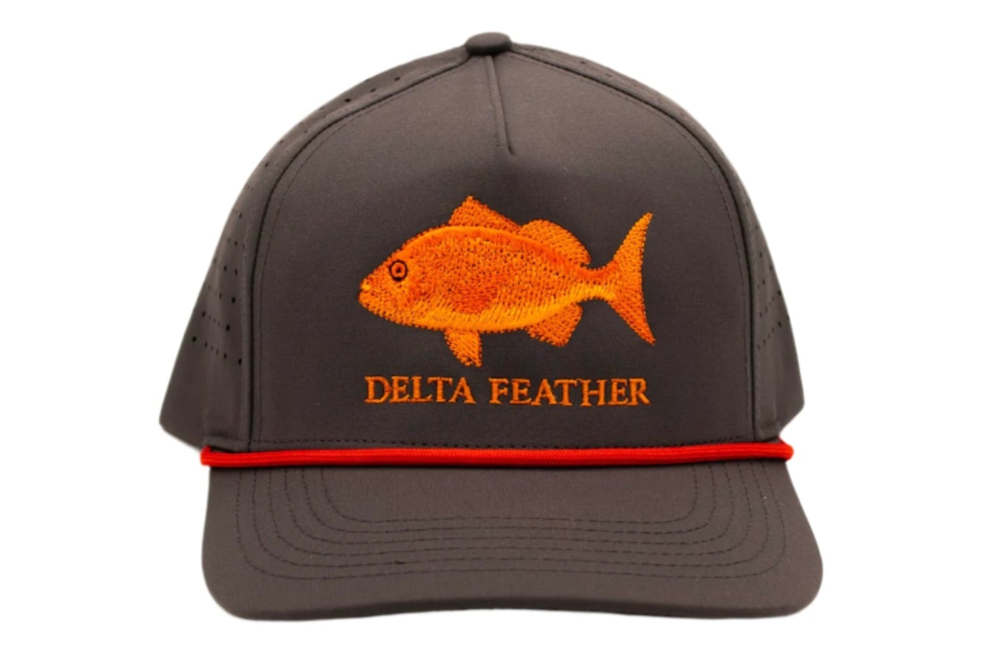 Gray cap with red snapper design and 'Delta Feather' text on a white background