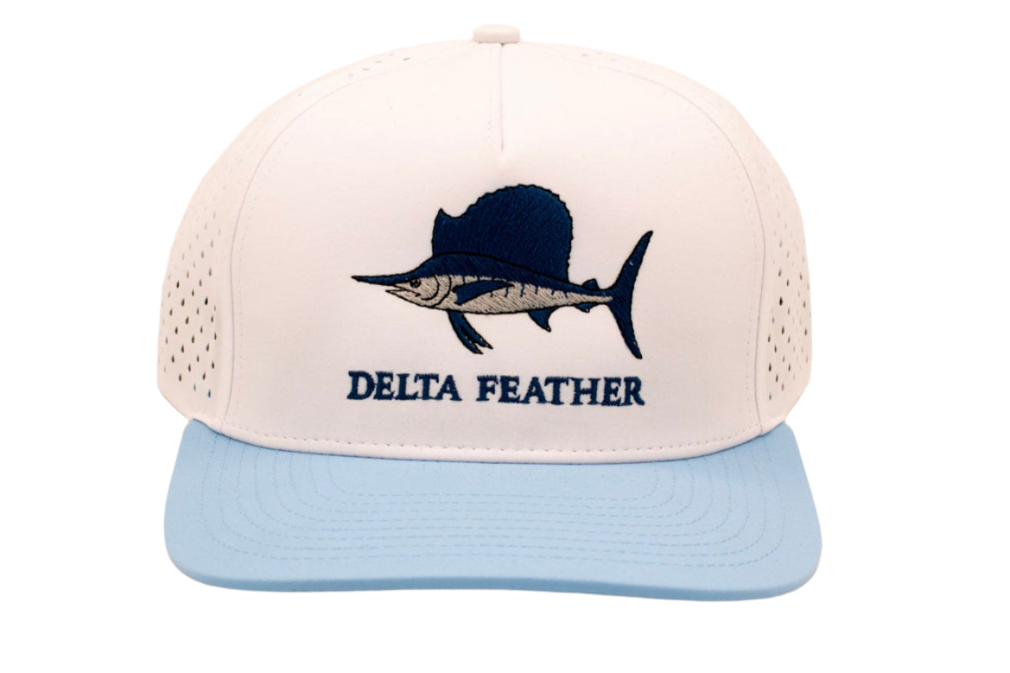 White and light blue cap with sailfish design and 'Delta Feather' text on a white background