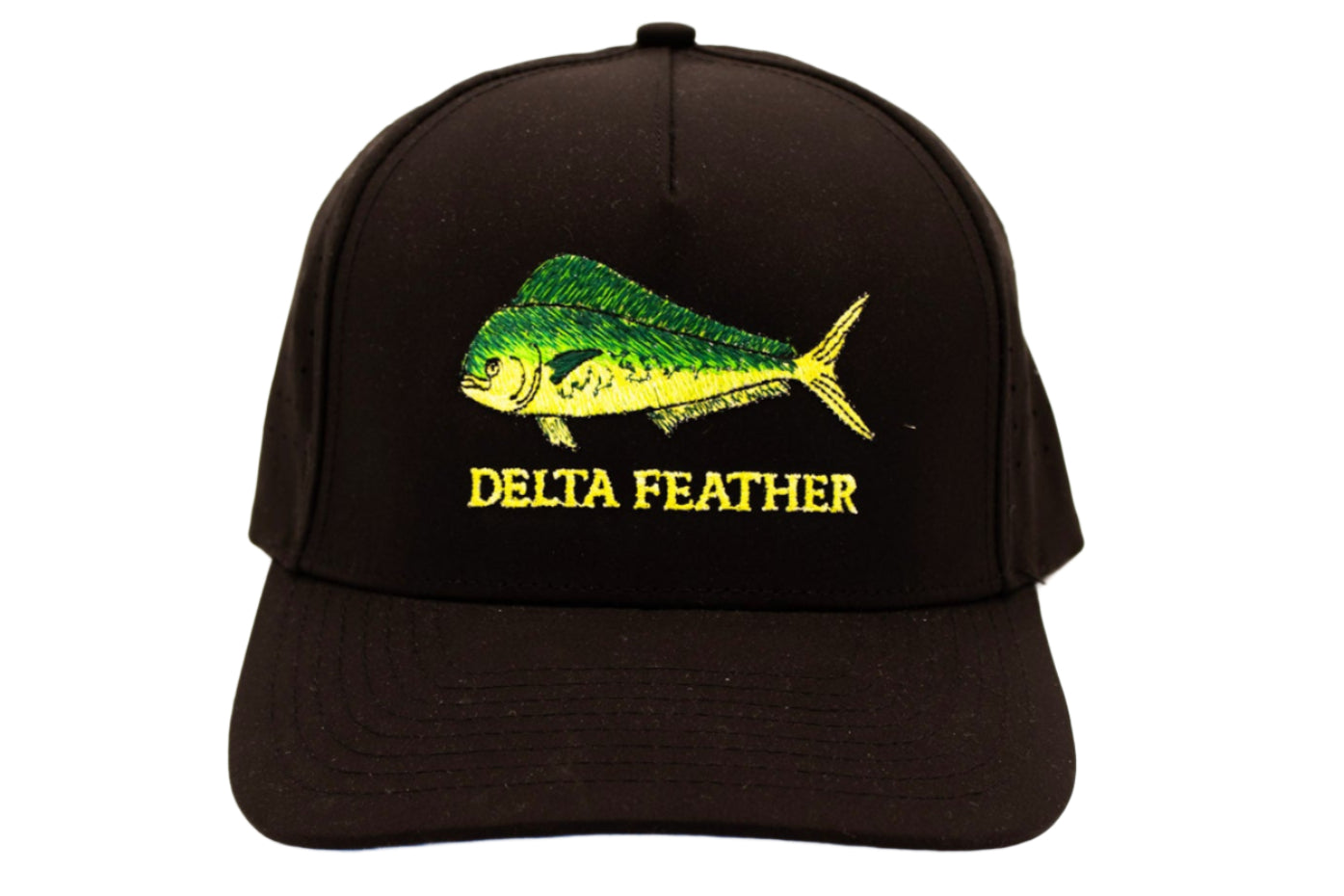 Black cap with Mahi Mahi design and 'Delta Feather' text on a white background