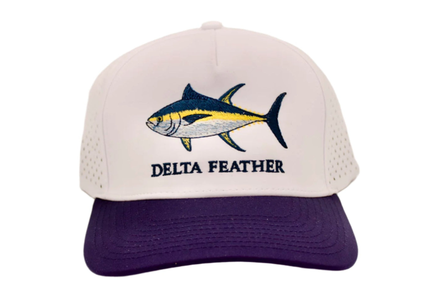Cap with Tuna design and 'Delta Feather' text on a white background
