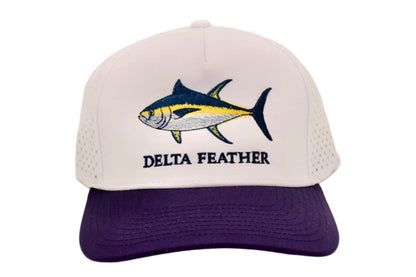 Cap with Tuna design and 'Delta Feather' text on a white background