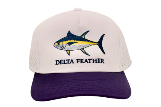 Cap with Tuna design and 'Delta Feather' text on a white background
