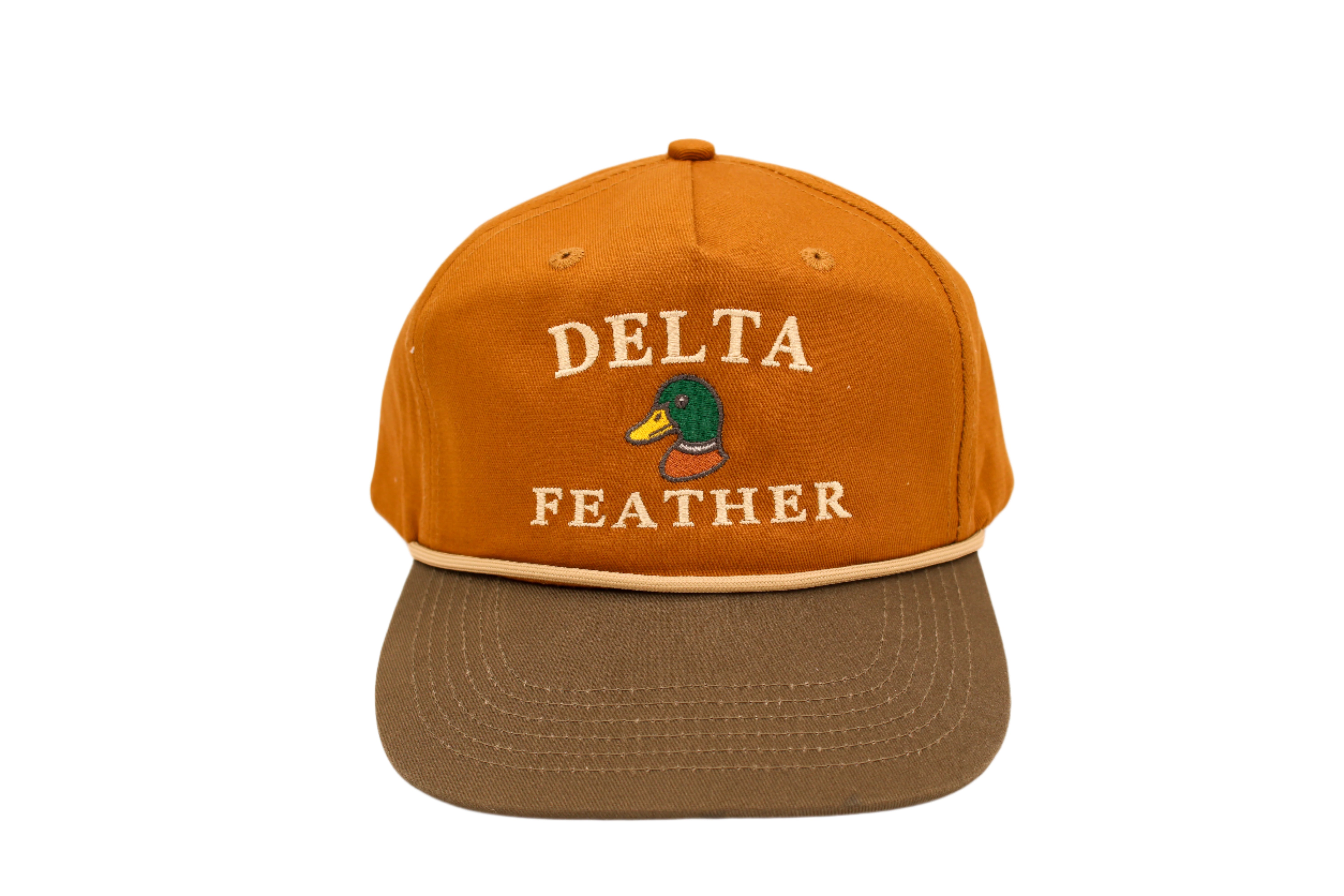A mallard duck hat with the words "Delta Feather" 