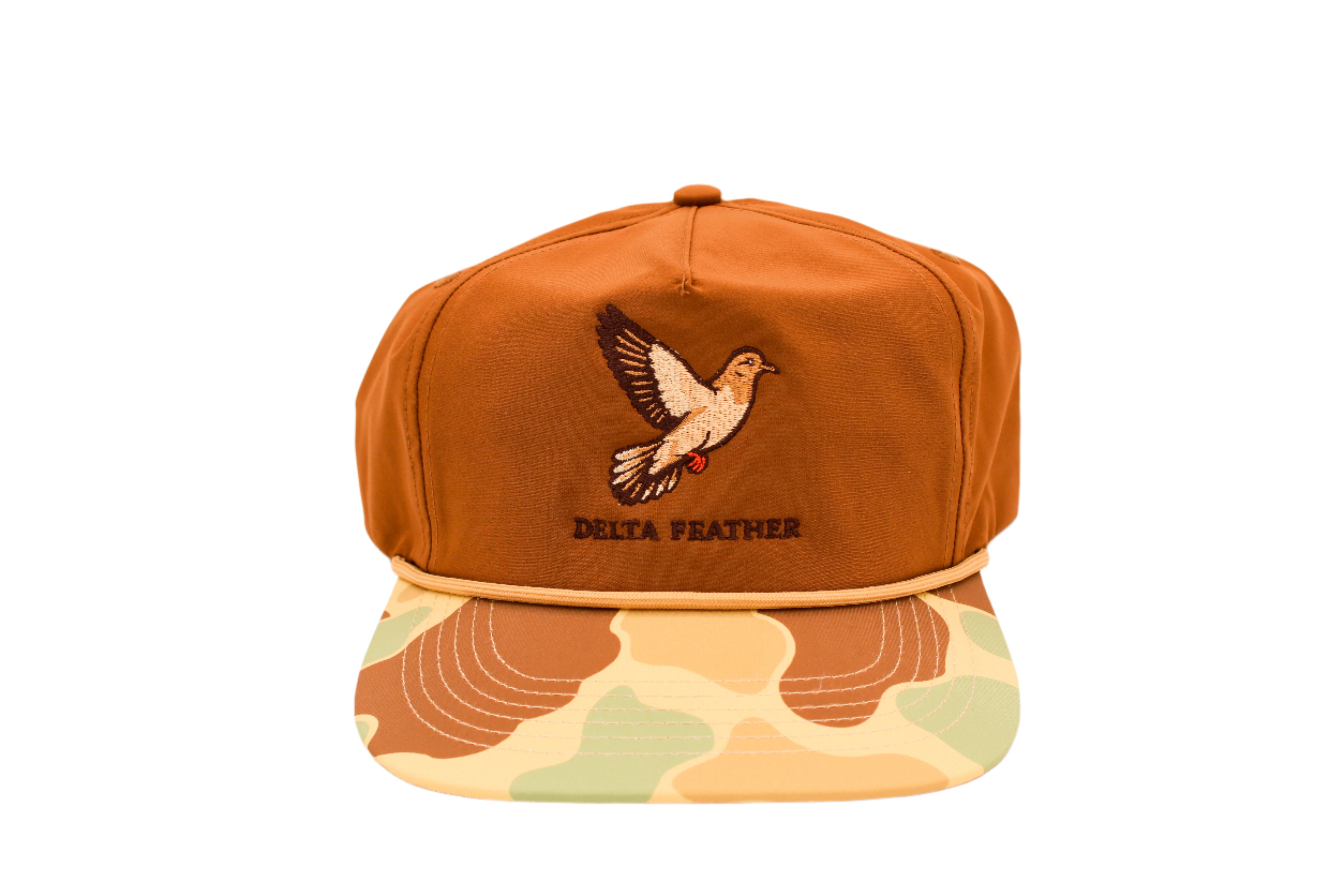 Brown cap with a bird emblem and 'Delta Feather' text on a beige background