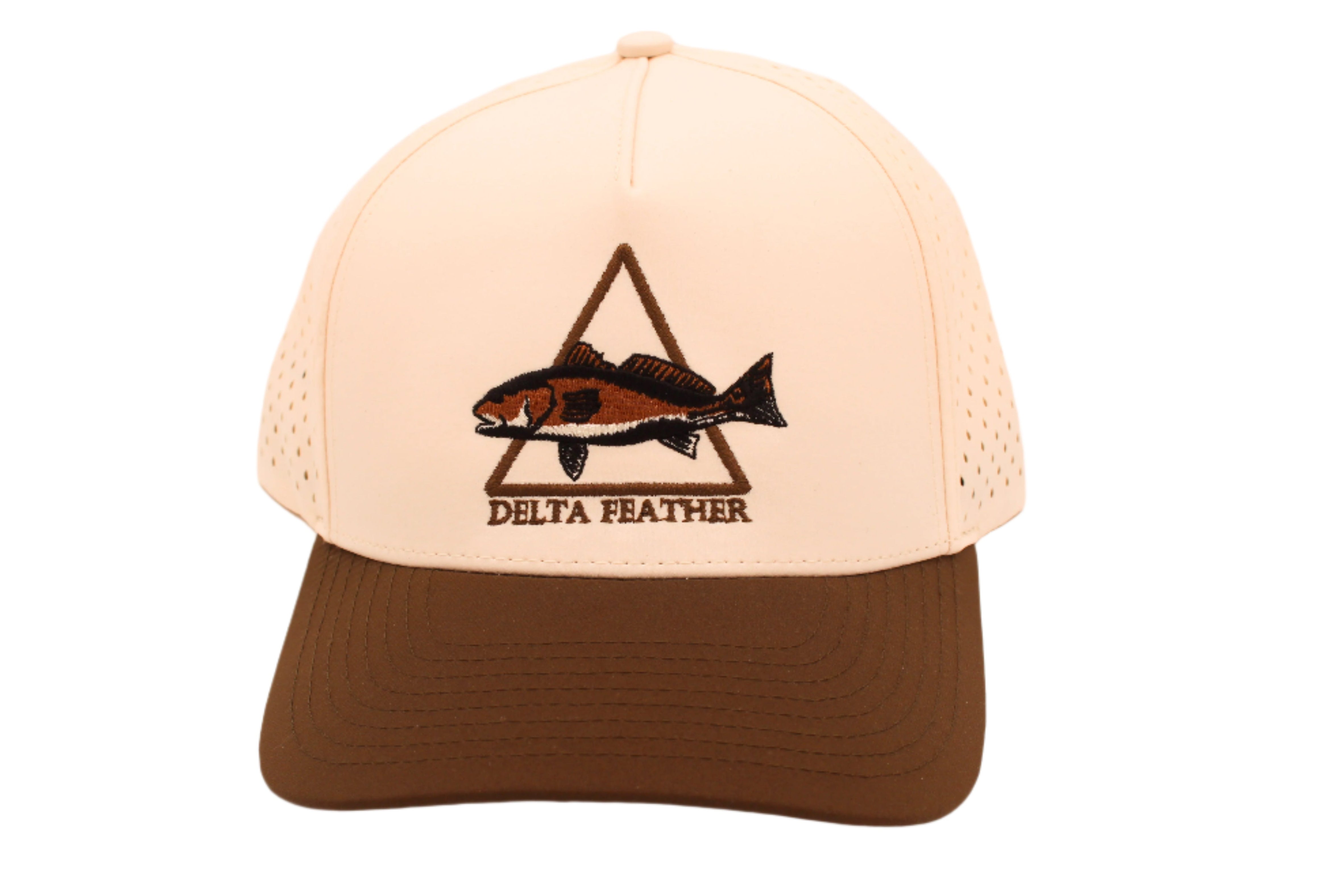 brown and cream cap with a redfish and the Delta Feather Logo 