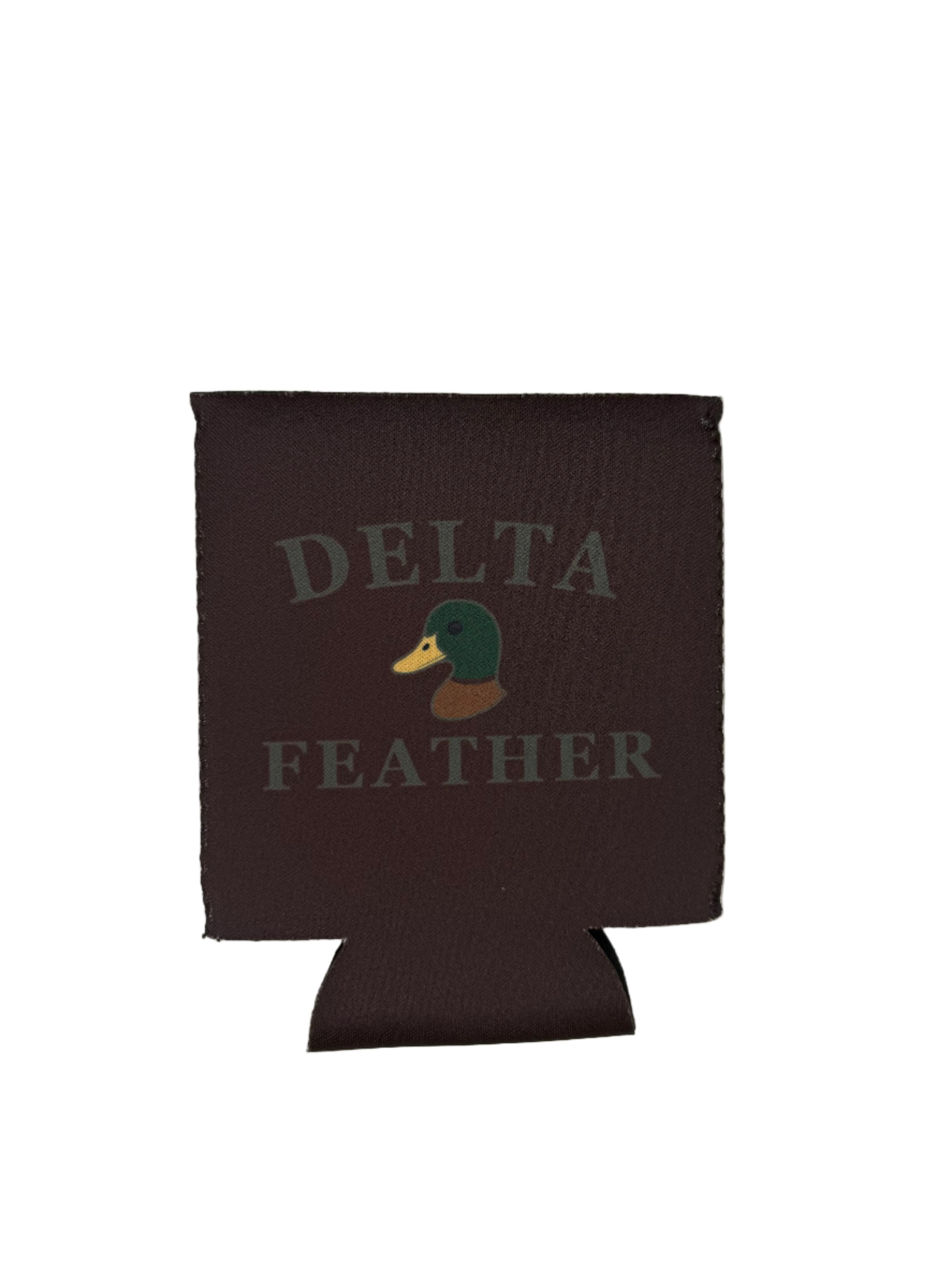 A brown koozie with the words Delta Feather and a greenhead duck 