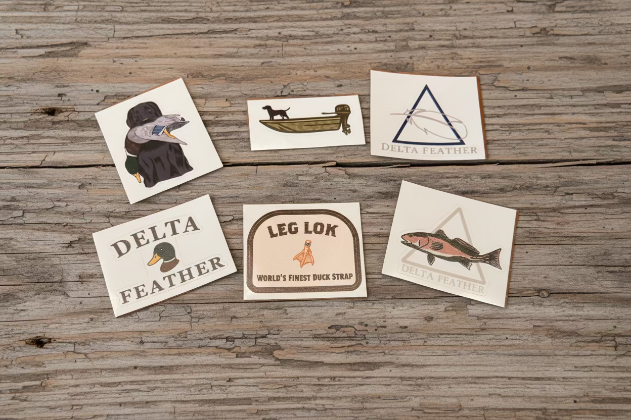Set of six Delta Feather and Leg Lok duck stamp stickers on a wooden surface