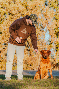 Delta Feather heavyweight brown logo hoodie for hunting and camp — alternate view