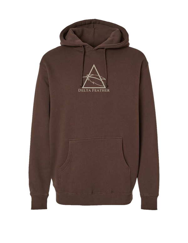 Delta Feather heavyweight brown logo hoodie for hunting and camp