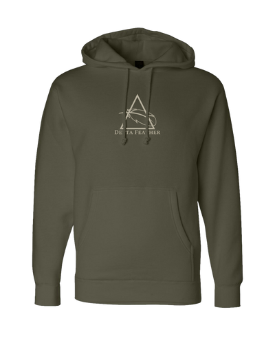 Delta Feather heavyweight green logo hoodie for hunting and camp