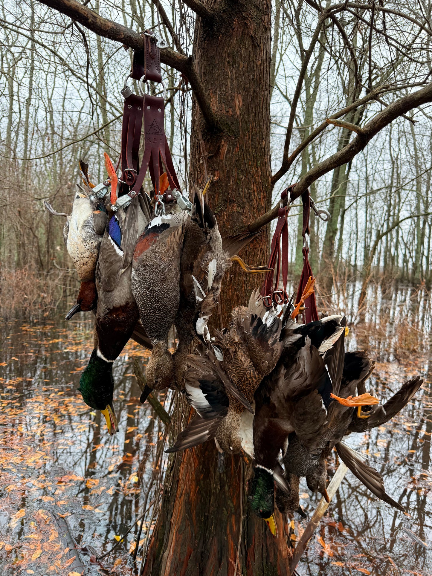 Delta Feather Leg Lok handmade leather duck strap for waterfowl hunters — close-up